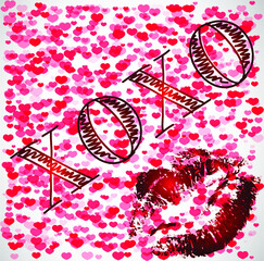 Vector Valentine's day card with lipstick kiss, lettering "XOXO" and background of many red hearts