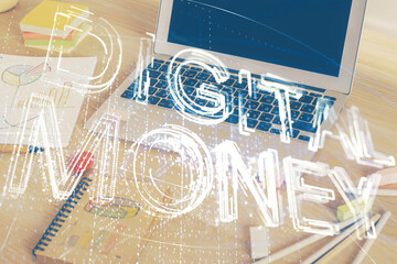 Double exposure of blockchain theme hologram and table with computer background. Concept of bitcoin crypto currency.