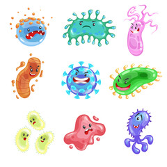 Cartoon germ, bacteria, viruses and microbe set. Funny characters collection. Cute monster icons in vector style. Isolated on white background.
