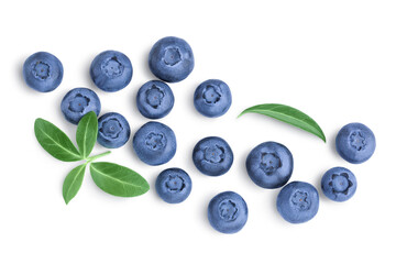 fresh ripe blueberry with leaves isolated on white background with clipping path . Top view. Flat lay pattern