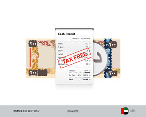 Receipt with 200 United Arab Emirates Dirham banknote. Flat style sales printed shopping paper bill with red tax free stamp. Shopping and sales concept. 