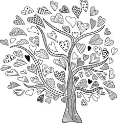 Vector Illustration Anti Stress Coloring Book Page Line Art Doodle Tree Heart Leaves Outline Sketch White Background
