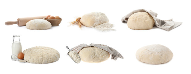 Set with raw dough and ingredients on white background. Banner design