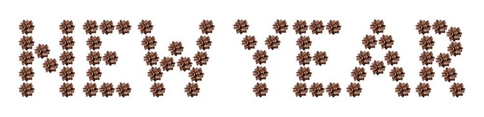 new year phrase text made of pine cone on white colored background
