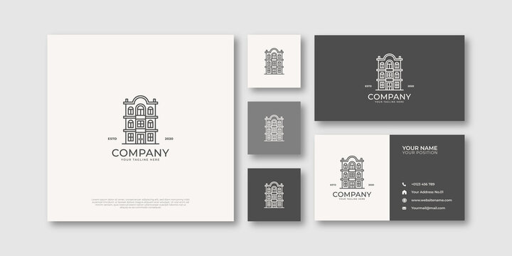 Residential building logo with business card. Vector illustration.