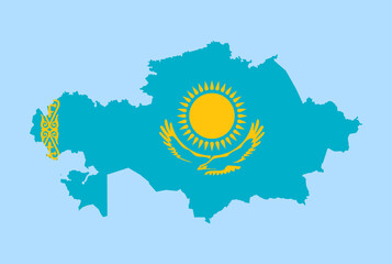 Map of Kazakhstan on a blue background, Flag of Kazakhstan on it.