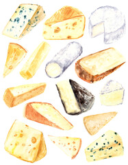 Hand drawn watercolor cheese types for kitchen poster, label, packaging