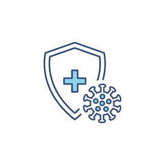 Immune flu germ line blue icon. Virus protection symbol vector isolated on white. Shield linear illustration. Antibacterial protection concept.