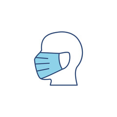 Man head in face mask line blue icon. Protection medical wear from virus, air pollution, flu, dust illustration isolated on white.