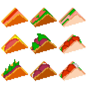 A set of nine food items consisting of pixels. Sandwiches with various fillings chicken, egg, salad, etc. Old graphics, interesting images for games, websites, restaurant menus, and much more.