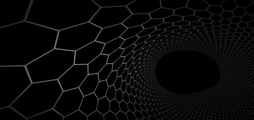 Technology vector abstract background with hexagons mesh, 3D abstraction of nanotechnology and science, electronics and digital style, wire net dimensional perspective. - obrazy, fototapety, plakaty