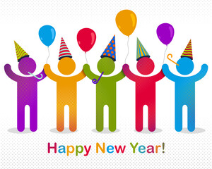 Happy New Year celebrating people vector concept simple illustration icon or greeting card, celebration anniversary or holiday fun, group of cheerful happy people having fun at party.