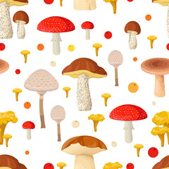 Seamless pattern with forest mushrooms and berries. Nature gifts ornament on white background.