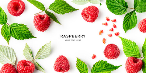 Raspberries and leaves creative layout