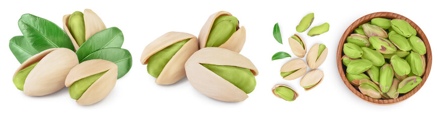 pistachio with leaves isolated on white background with clipping path and full depth of field. Set r collection