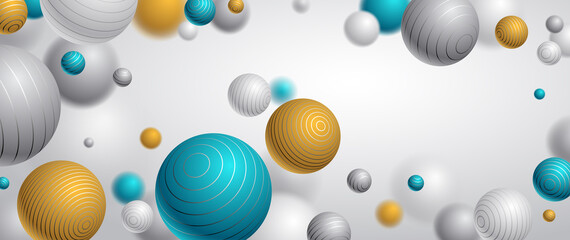 Abstract spheres vector background, composition of flying balls decorated with lines, 3D mixed realistic globes, realistic depth of field effect.