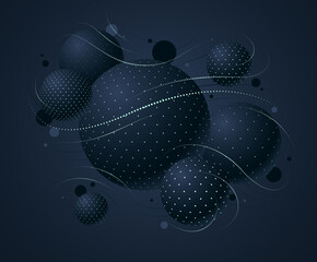 Abstract black dotted spheres vector background, composition of flying balls decorated with dots and lines, 3D mixed globes