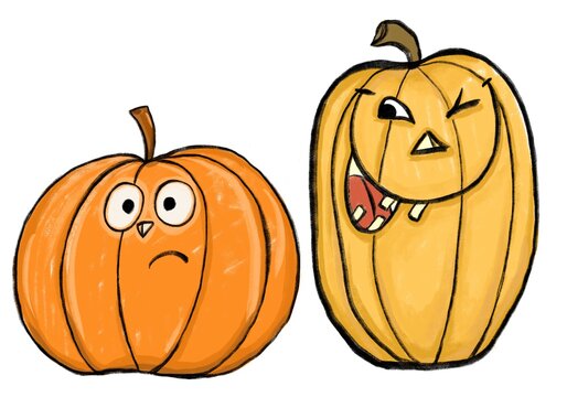 Two funny cartoon Halloween pumpkins with different emotions. Hand drawn illustration isolated on a white background.
