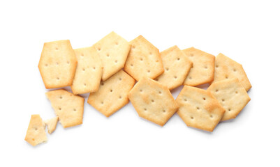 Delicious crispy crackers isolated on white, top view