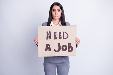 Photo frustrated woman agent economist company staff loose job hold paper card text need work last hope wear checkered plaid pants trousers jacket isolated grey color background