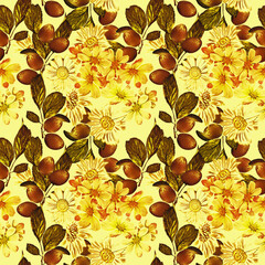 Autumn plants, camomoile and plums, seamless pattern.