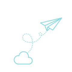 Paper plane flying and cloud. Turquoise outline. Vector illustration, flat design