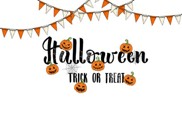 Halloween Holiday lettering. Hand made brush calligraphy and hand drawn icons Pumpkin Jack and garland.Trick or treat. Halloween text for greeting card, party invitation.