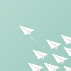Fototapeta premium Group of paper planes flying. A paper plane ahead of other paper planes. Concept of leadership, innovation, change, disruption, risk, competition, mission. Vector illustration, flat design