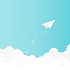Paper plane flying in the sky with clouds. Concept of leadership, innovation, change, disruption. Vector illustration, flat design