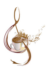Coffee music. Abstract treble clef decorated with coffee wave, beans and a cup. Hand drawn vector illustration.