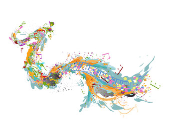 Abstract musical design with colorful splashes and musical waves, notes. Hand drawn vector illustration.