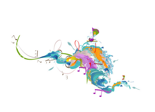 Abstract musical design with colorful splashes and musical waves, notes. Hand drawn vector illustration.