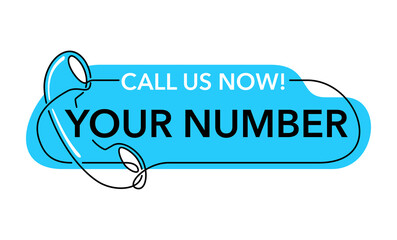Fototapeta premium Call us now - phone number block in thin single line decoration - blue bubble shape frame with phone headset - vector template