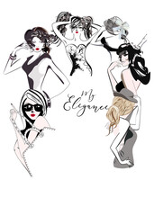 Series of beautiful fashionable girls with stylish hairstyles, red lips, hats and sunglasses in lines. Hand drawn vector illustration design for textile, cards etc. 