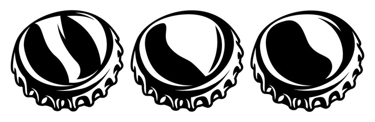 A set of bent metal bottle caps. Monochrome vector illustration