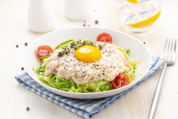 Carbonara sauce. Fried ham in heavy cream and with raw egg yolk and cherry tomatoes. Carbonara pasta made with fresh zucchini noodles.