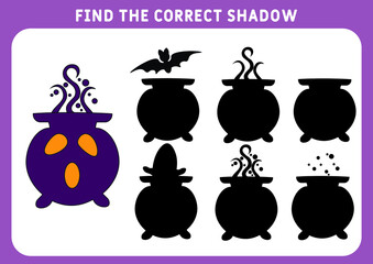 Find the correct shadow educational game for kids. Magic cauldron. Decorative element for Halloween. game for children. Preschool worksheet. Vector illustratio