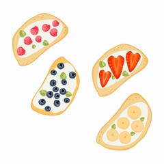 Open sandwich top view with berry, banana, blueberry and strawberry.  Vector cartoon flat illustration isolated on white background. 