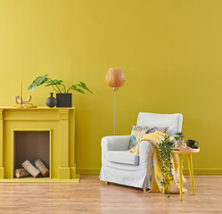 Modern furniture armchair decoration style with yellow fireplace and background wall.