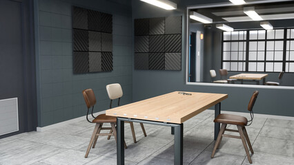 Large modern interrogation room 3d illustration - obrazy, fototapety, plakaty