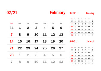 Calendar Grid Set. FEBRUARY PAGE. 12 Months 2021  Quarterly Calendar English 