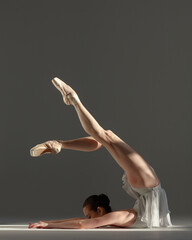 Young beautiful ballet dancer is posing in studio - obrazy, fototapety, plakaty