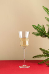 Happy new year 2021. New year, Christmas background. A glass of wine, a branch of the tree. Copy space. Minimalism.