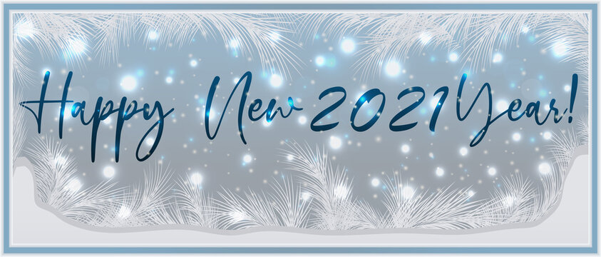 Happy New 2021 year banner frosted window, vector illustration