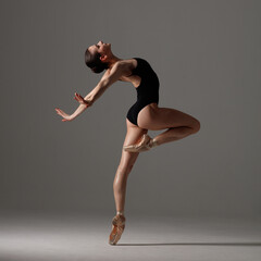 Young beautiful ballet dancer is posing in studio - obrazy, fototapety, plakaty