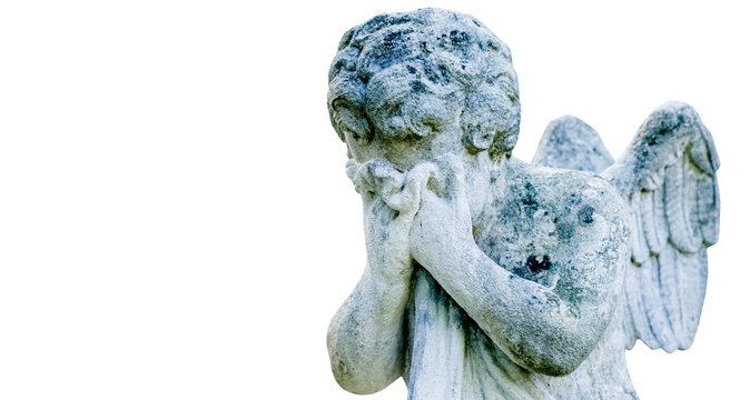 Death concept. Very ancient stone statue of crying angel  as symbol of end of human life. Image isolated on white background. Free copy space for design or text.