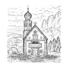 Funes Valley, Dolomites, Italy. Chiesetta di San Giovanni church. Italy, Europe. Santa Maddalena. Sketch vector illustration. Black line isolated on white.