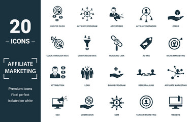Affiliate Marketing icon set. Monochrome sign collection with pay per click, affiliate program, advertiser, affiliate network and over icons. Affiliate Marketing elements set.