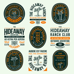 Colored hideaway ranch adventure vector badges - obrazy, fototapety, plakaty