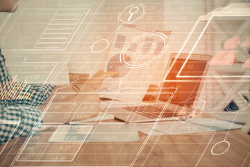 Obraz premium Double exposure of tech drawings with hands working on computer background. Concept of innovation.